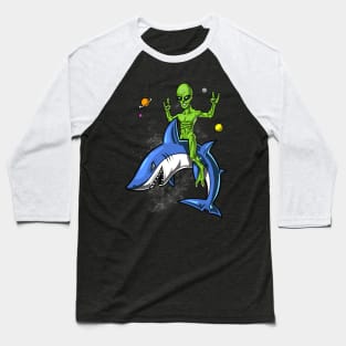 Space Alien Riding Shark Baseball T-Shirt